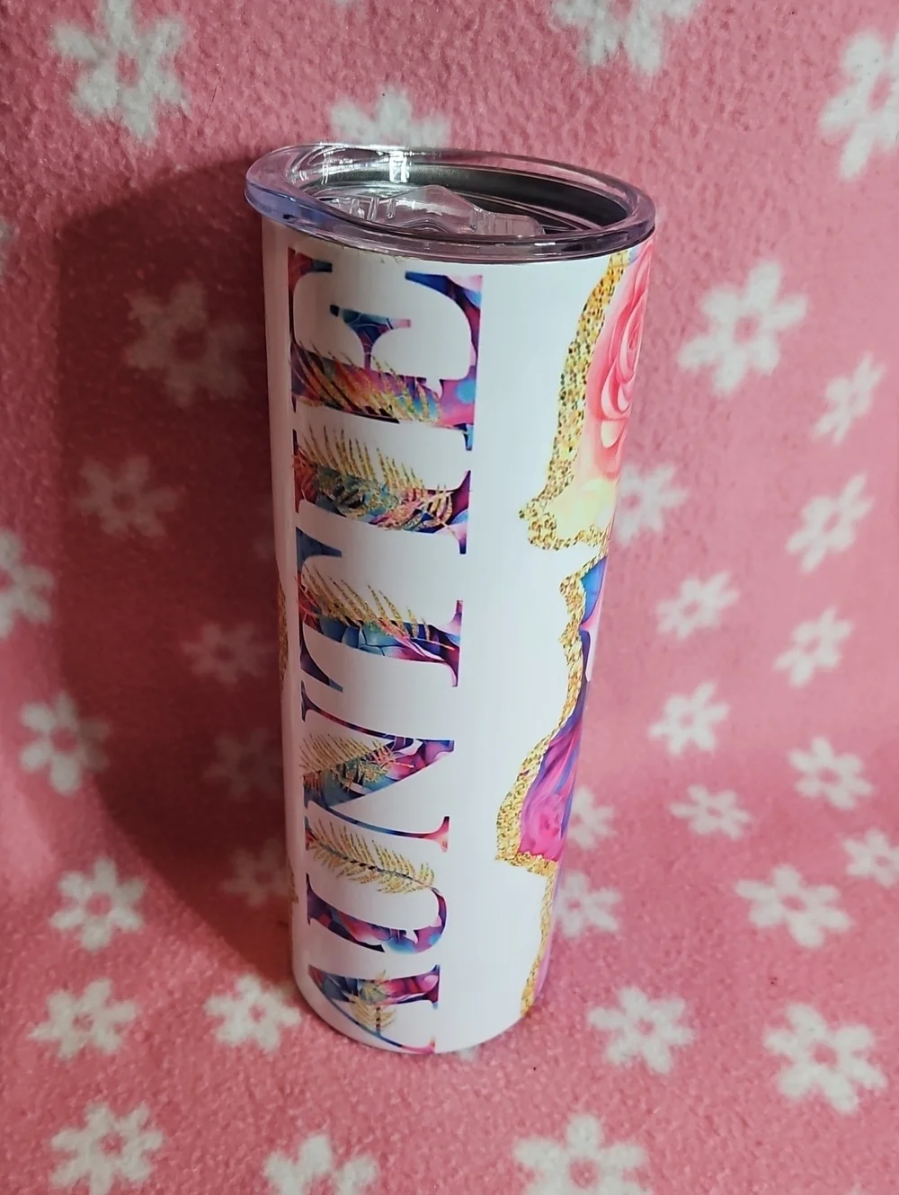 LoPersonalized White Floral (Auntie) Travel Tumbler
